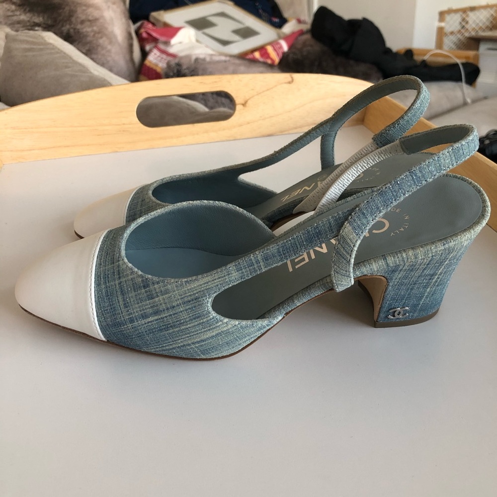 SOLD Chanel Denim Blue White Slingback 35 5 NEW